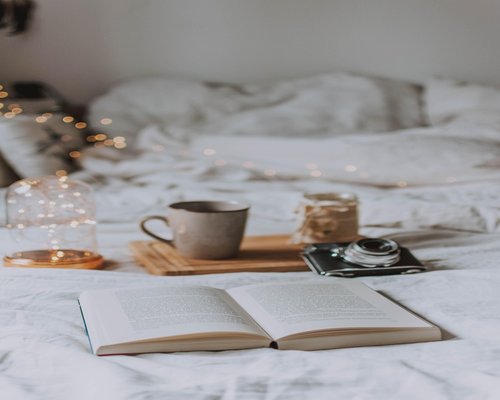 Person reading a book comfortably near window light